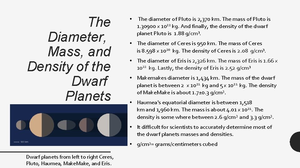 The Diameter, Mass, and Density of the Dwarf Planets • The diameter of Pluto