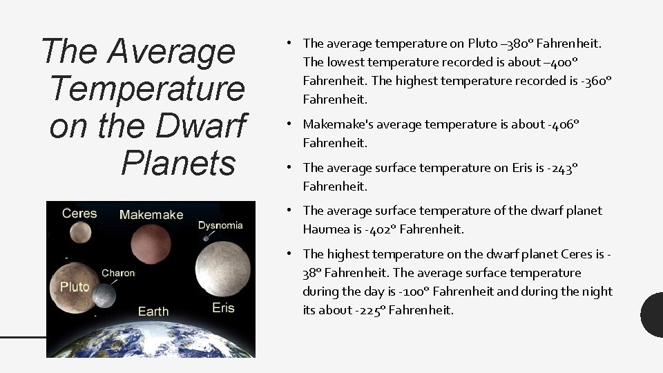 The Average Temperature on the Dwarf Planets • The average temperature on Pluto –