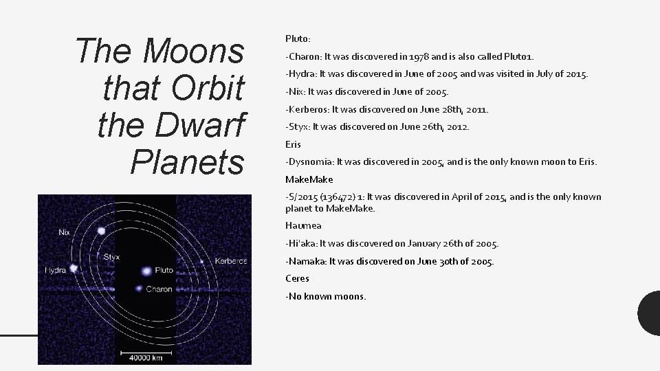 The Moons that Orbit the Dwarf Planets Pluto: -Charon: It was discovered in 1978