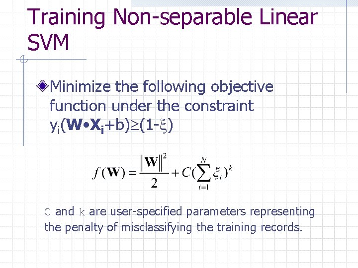 Training Non-separable Linear SVM Minimize the following objective function under the constraint yi(W •