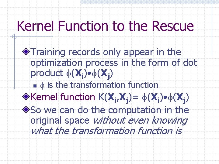 Kernel Function to the Rescue Training records only appear in the optimization process in