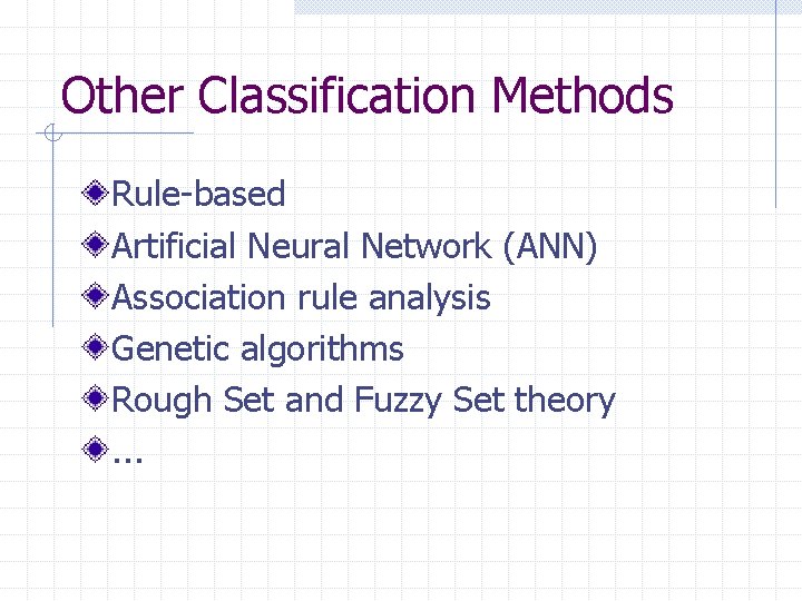 Other Classification Methods Rule-based Artificial Neural Network (ANN) Association rule analysis Genetic algorithms Rough