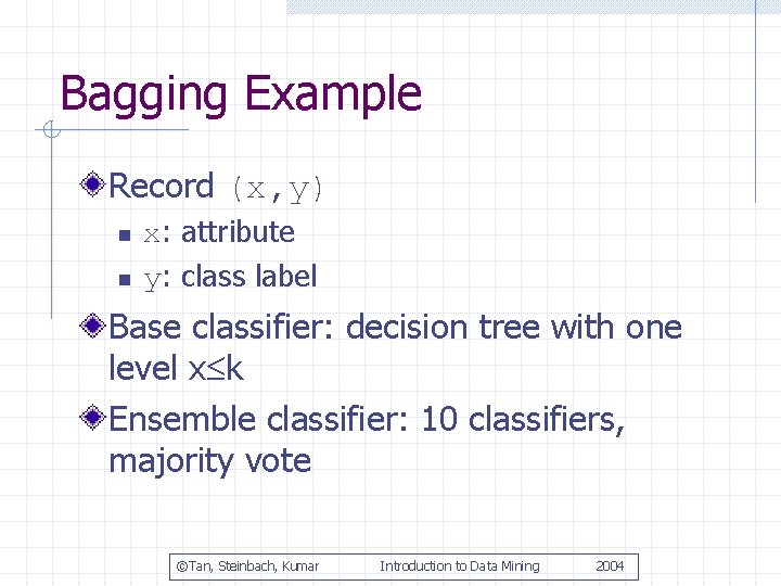 Bagging Example Record (x, y) n n x: attribute y: class label Base classifier: