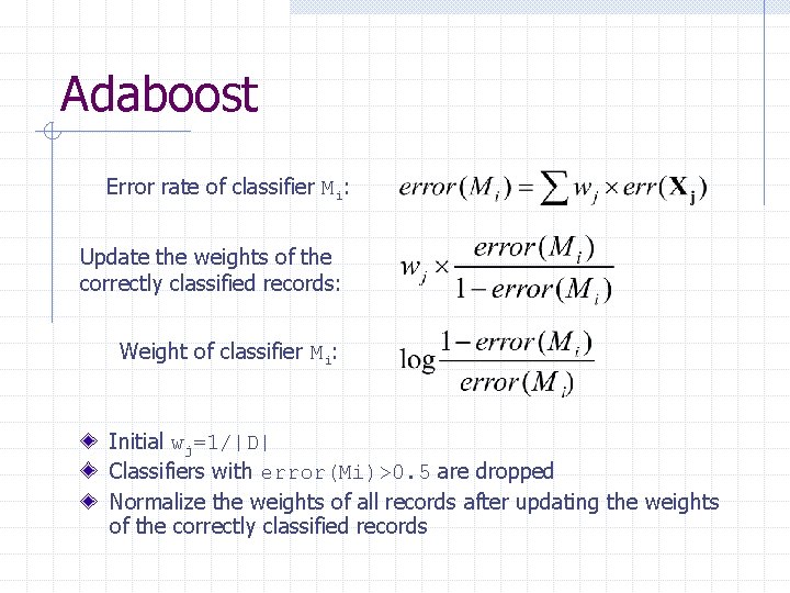 Adaboost Error rate of classifier Mi: Update the weights of the correctly classified records: