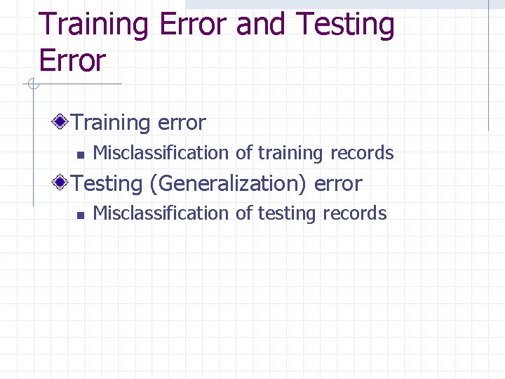 Training Error and Testing Error Training error n Misclassification of training records Testing (Generalization)