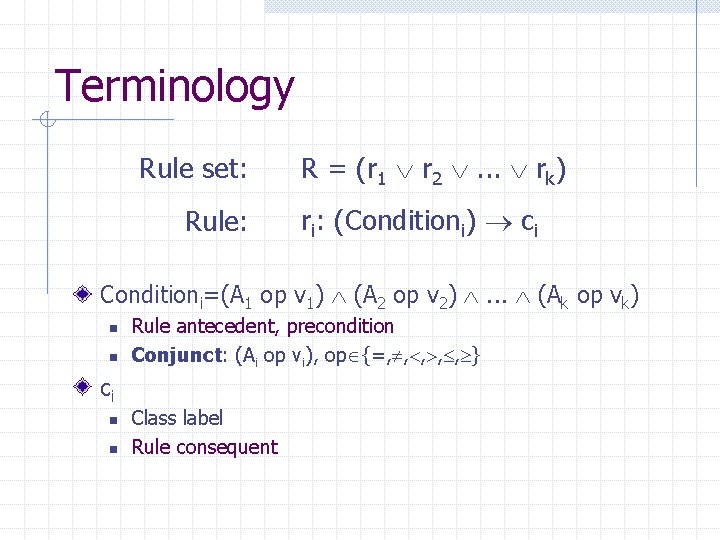 Terminology Rule set: Rule: R = (r 1 r 2 . . . rk)