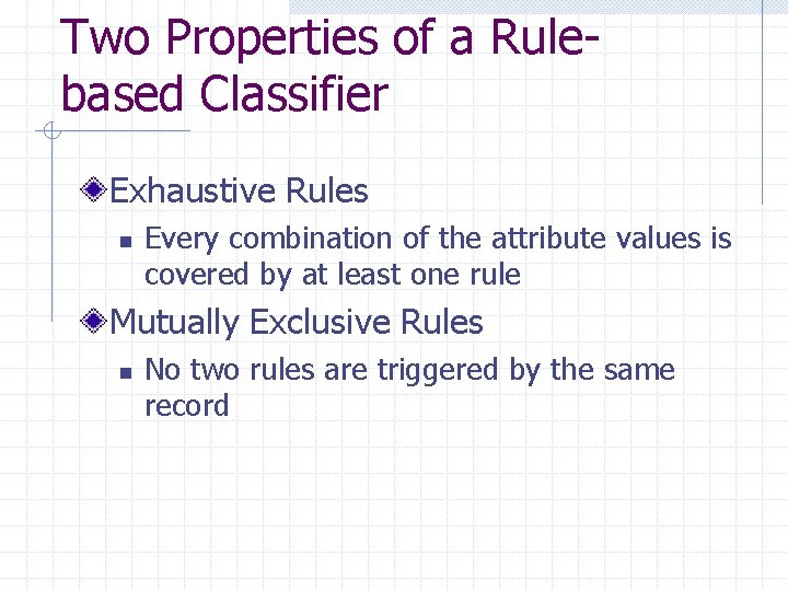 Two Properties of a Rulebased Classifier Exhaustive Rules n Every combination of the attribute