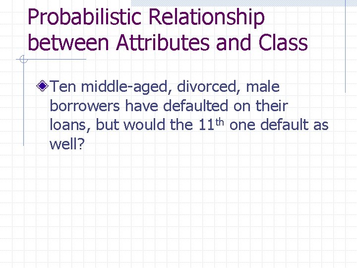 Probabilistic Relationship between Attributes and Class Ten middle-aged, divorced, male borrowers have defaulted on