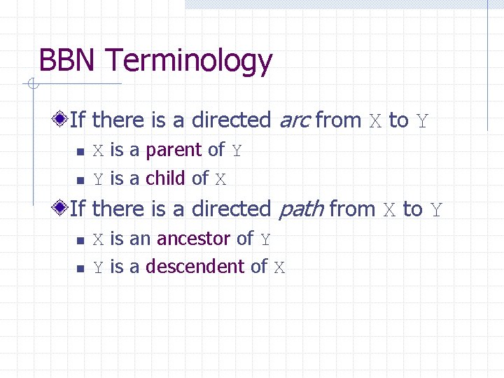 BBN Terminology If there is a directed arc from X to Y n n