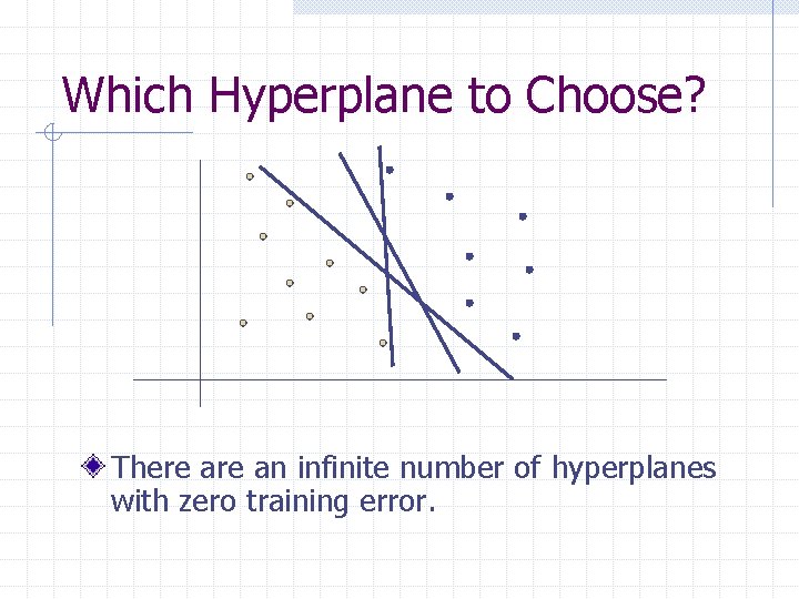 Which Hyperplane to Choose? There an infinite number of hyperplanes with zero training error.