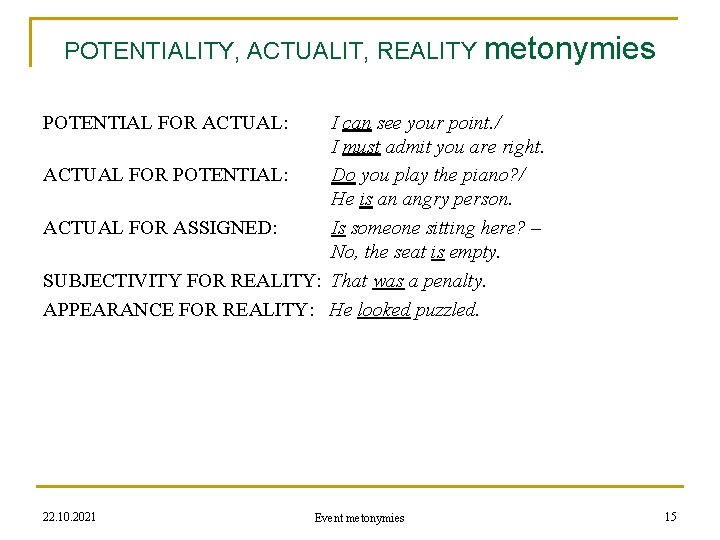 POTENTIALITY, ACTUALIT, REALITY metonymies POTENTIAL FOR ACTUAL: I can see your point. / I