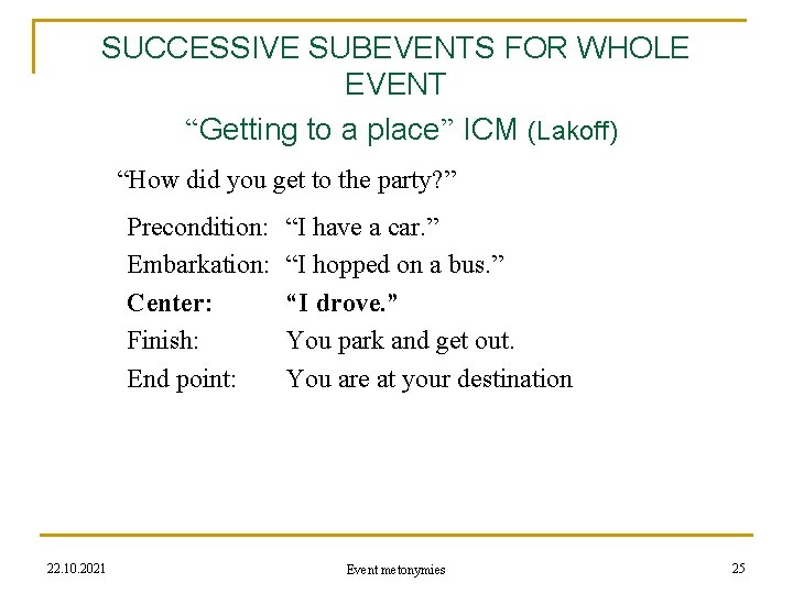 SUCCESSIVE SUBEVENTS FOR WHOLE EVENT “Getting to a place” ICM (Lakoff) “How did you