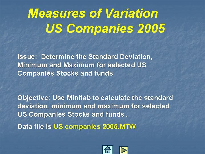 Measures of Variation US Companies 2005 Issue: Determine the Standard Deviation, Minimum and Maximum
