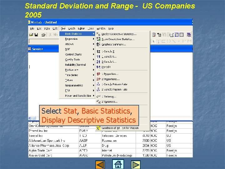 Standard Deviation and Range - US Companies 2005 Select Stat, Basic Statistics, Display Descriptive