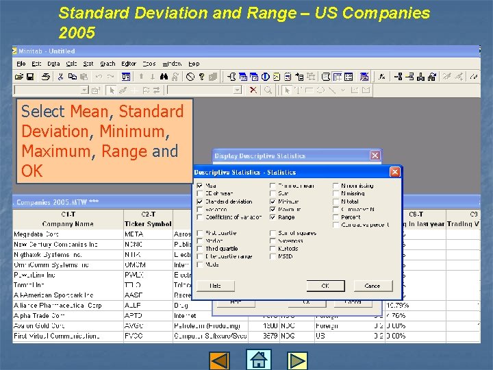Standard Deviation and Range – US Companies 2005 Select Mean, Standard Deviation, Minimum, Maximum,