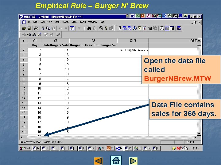 Empirical Rule – Burger N’ Brew Open the data file called Burger. NBrew. MTW