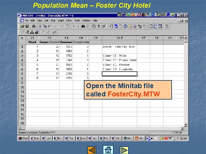 Population Mean – Foster City Hotel Open the Minitab file called Foster. City. MTW