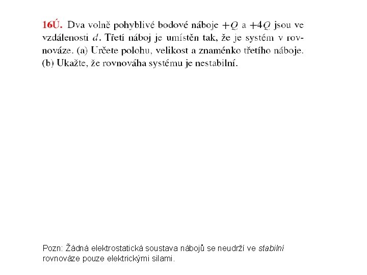 Pozn: Žádná elektrostatická soustava nábojů se neudrží ve stabilní rovnováze pouze elektrickými silami. 