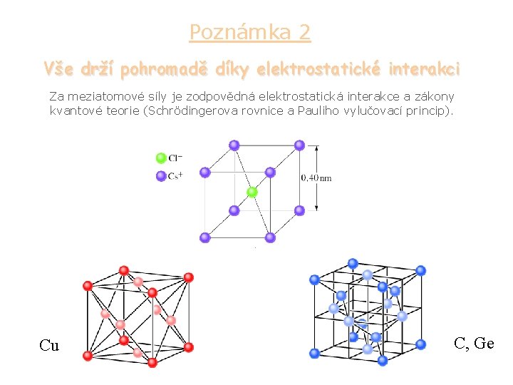 Poznámka 2 Vše drží pohromadě díky elektrostatické interakci Za meziatomové síly je zodpovědná elektrostatická