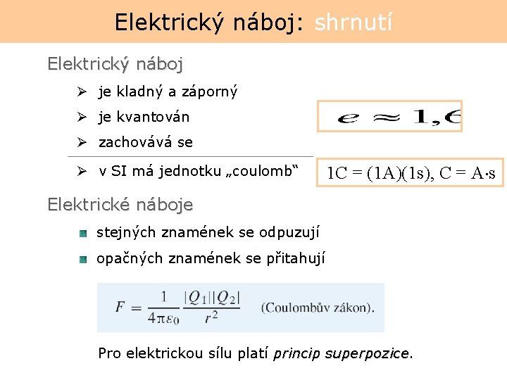 Elektrický náboj: shrnutí Elektrický náboj Ø je kladný a záporný Ø je kvantován Ø