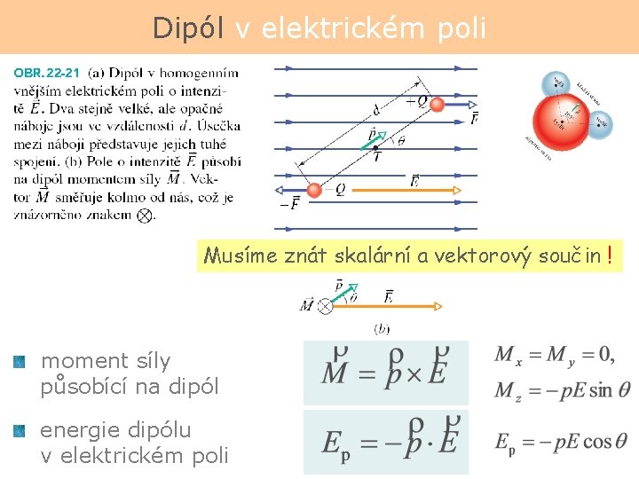 Dipól v elektrickém poli Musíme znát skalární a vektorový součin ! moment síly působící