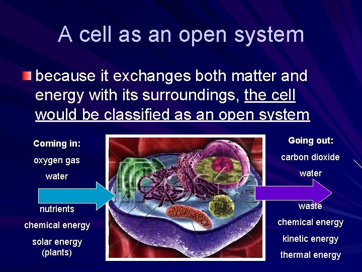 A cell as an open system because it exchanges both matter and energy with A cell as an open system because it exchanges both matter and energy with