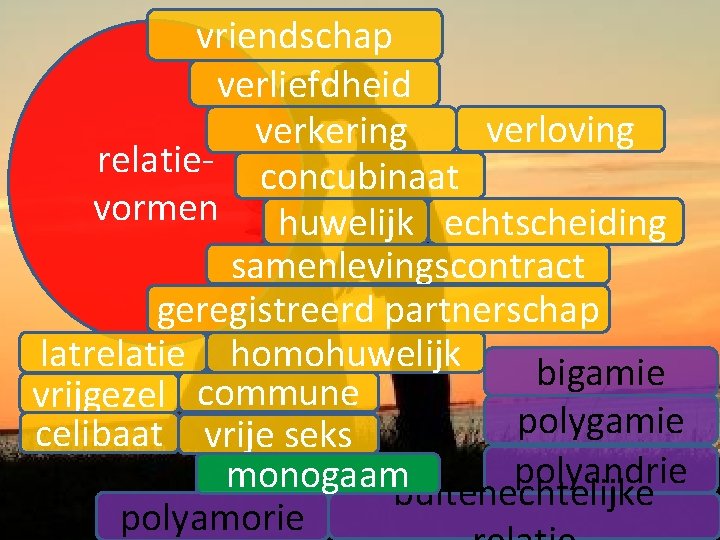 vriendschap verliefdheid verloving verkering relatie- concubinaat vormen huwelijk echtscheiding samenlevingscontract geregistreerd partnerschap latrelatie homohuwelijk