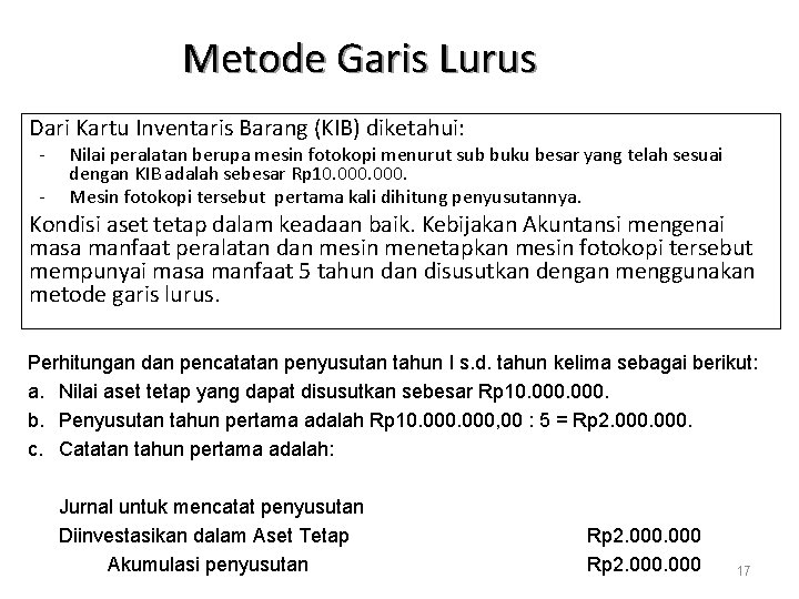 Metode Garis Lurus Dari Kartu Inventaris Barang (KIB) diketahui: - Nilai peralatan berupa mesin