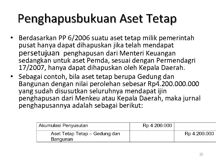 Penghapusbukuan Aset Tetap • Berdasarkan PP 6/2006 suatu aset tetap milik pemerintah pusat hanya