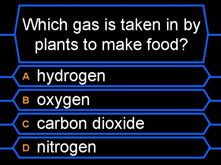 Which gas is taken in by plants to make food? A B C D