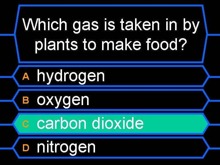 Which gas is taken in by plants to make food? A B C D
