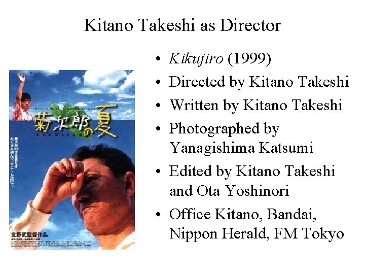 Kitano Takeshi as Director • • Kikujiro (1999) Directed by Kitano Takeshi Written by