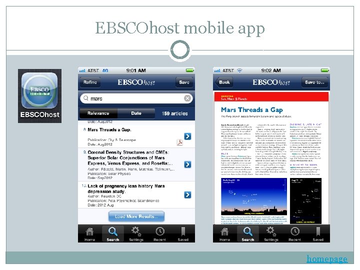 EBSCOhost mobile app homepage 