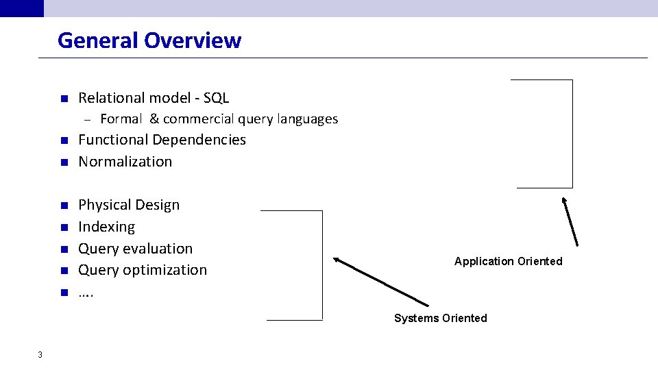 General Overview n Relational model - SQL – n n n n Formal &