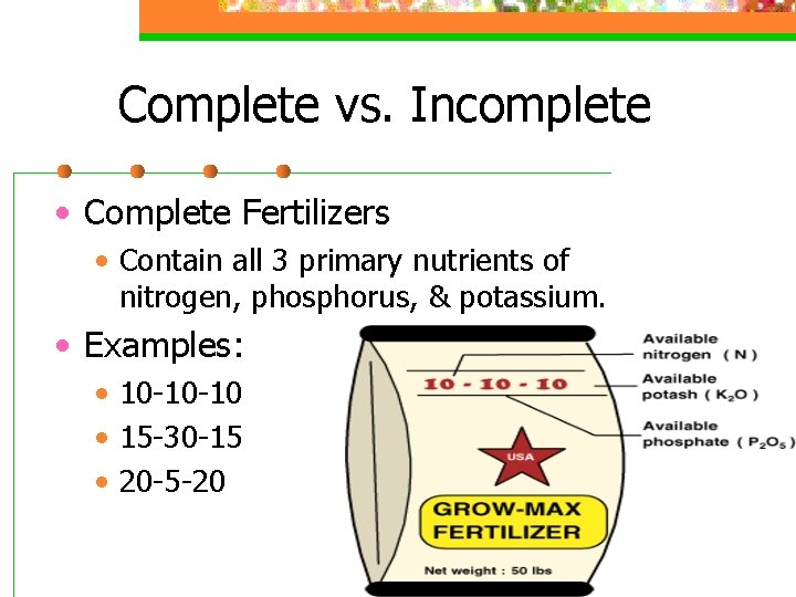 Complete vs. Incomplete • Complete Fertilizers • Contain all 3 primary nutrients of nitrogen,