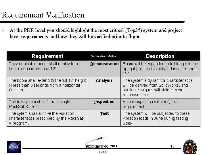 Requirement Verification • At the PDR level you should highlight the most critical (Top