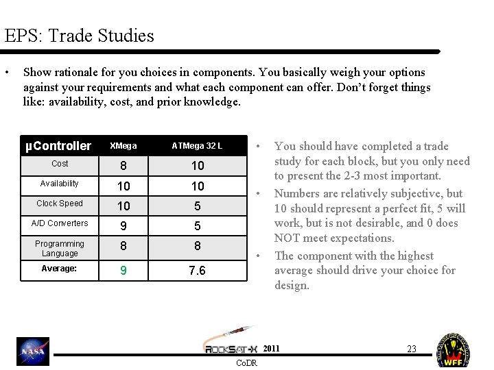 EPS: Trade Studies • Show rationale for you choices in components. You basically weigh