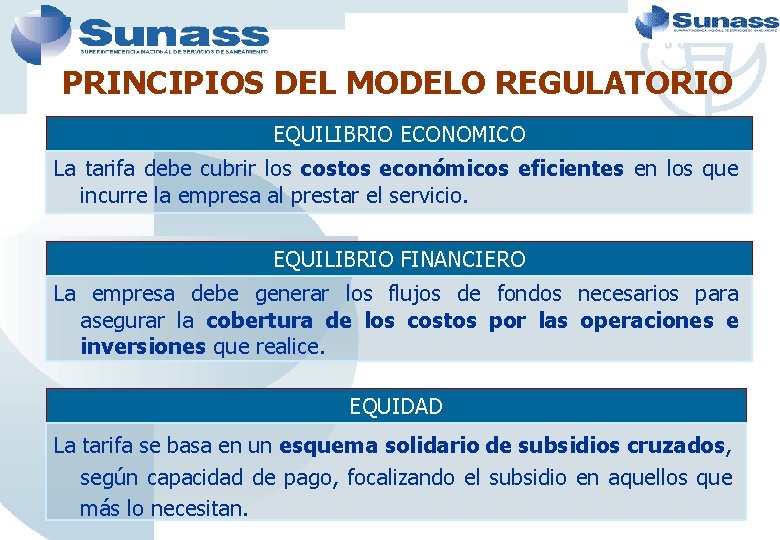 PRINCIPIOS DEL MODELO REGULATORIO EQUILIBRIO ECONOMICO La tarifa debe cubrir los costos económicos eficientes