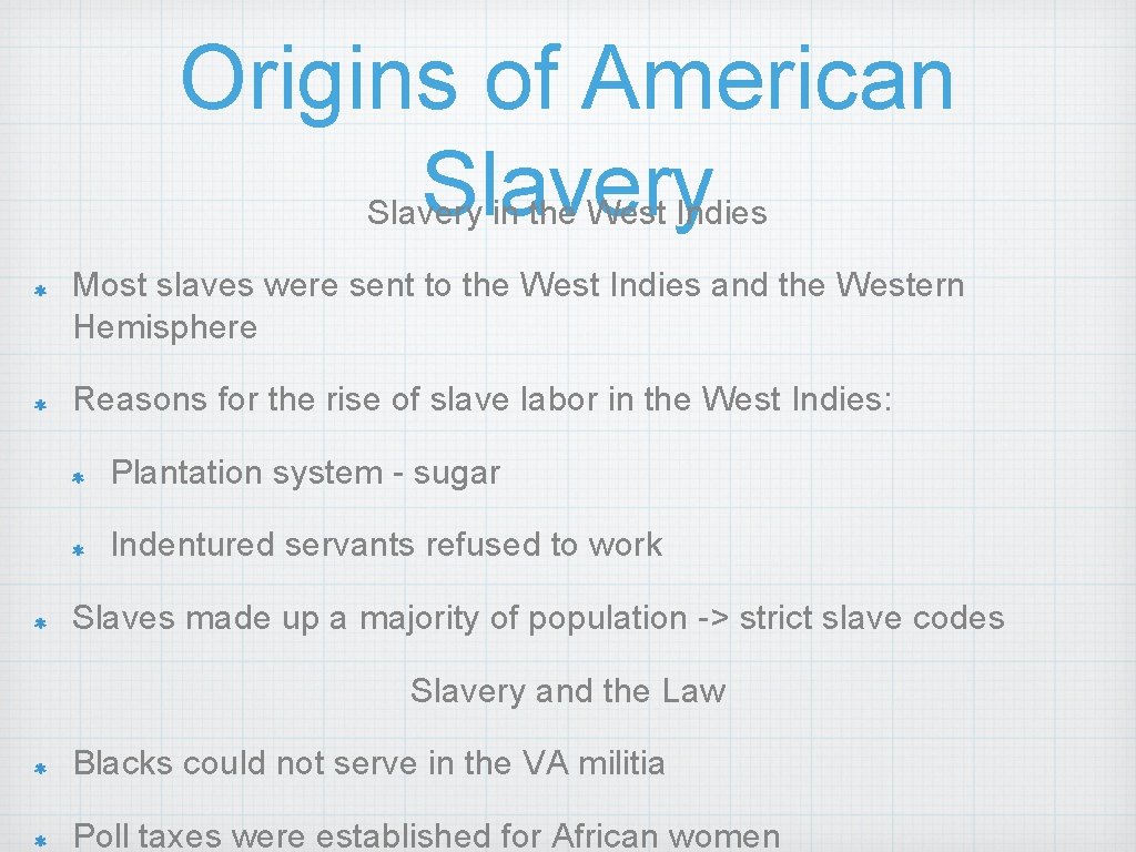 Origins of American Slavery in the West Indies Most slaves were sent to the