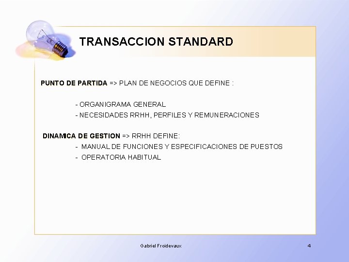 TRANSACCION STANDARD PUNTO DE PARTIDA => PLAN DE NEGOCIOS QUE DEFINE : - ORGANIGRAMA