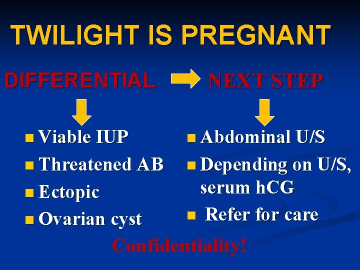 TWILIGHT IS PREGNANT DIFFERENTIAL NEXT STEP n Viable IUP n Abdominal U/S n Threatened