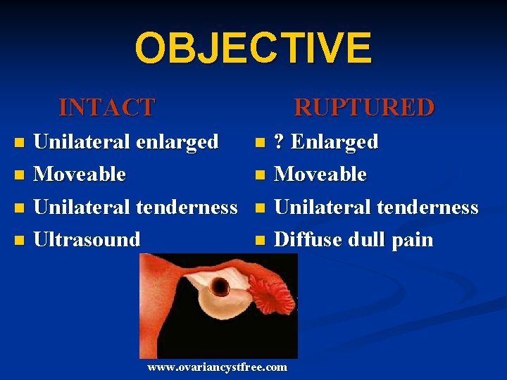 OBJECTIVE INTACT Unilateral enlarged n Moveable n Unilateral tenderness n Ultrasound n RUPTURED ?