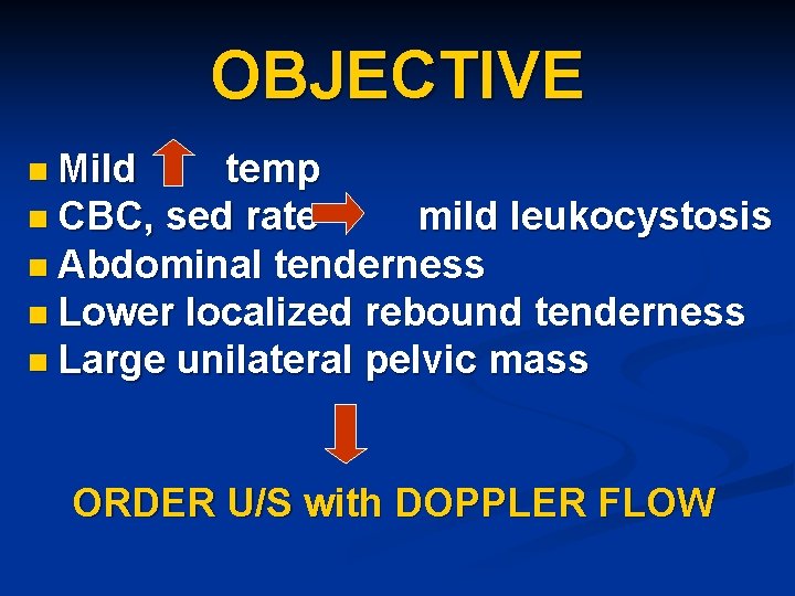 OBJECTIVE n Mild temp n CBC, sed rate mild leukocystosis n Abdominal tenderness n