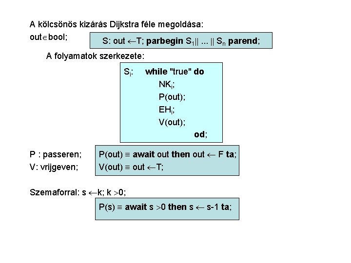 A kölcsönös kizárás Dijkstra féle megoldása: out bool; S: out T; parbegin S 1