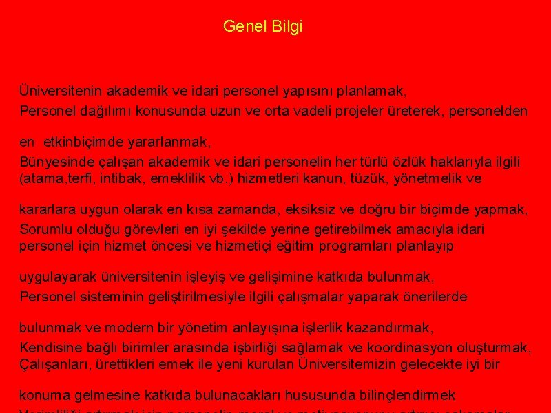 Genel Bilgi Üniversitenin akademik ve idari personel yapısını planlamak, Personel dağılımı konusunda uzun ve