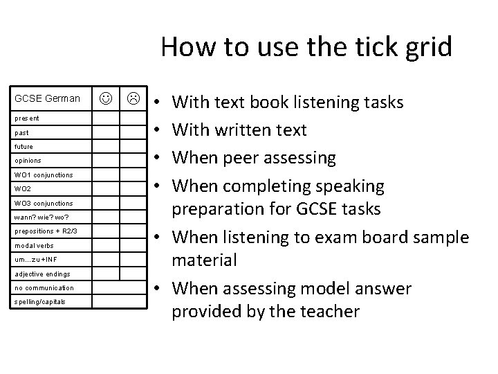 How to use the tick grid GCSE German present past future opinions WO 1