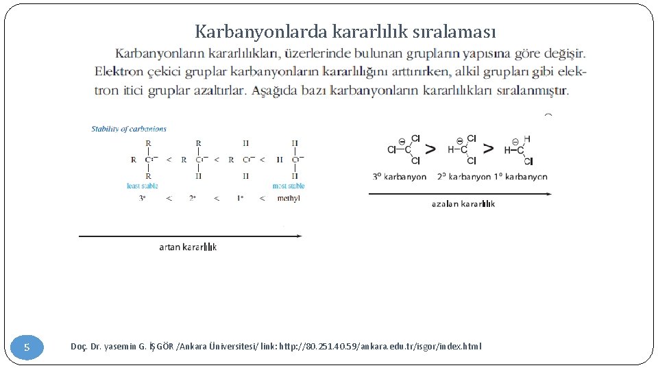 Karbanyonlarda kararlılık sıralaması 5 Doç. Dr. yasemin G. İŞGÖR /Ankara Üniversitesi/ link: http: //80.