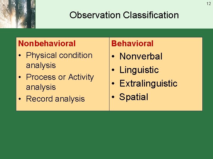 12 Observation Classification Nonbehavioral • Physical condition analysis • Process or Activity analysis •