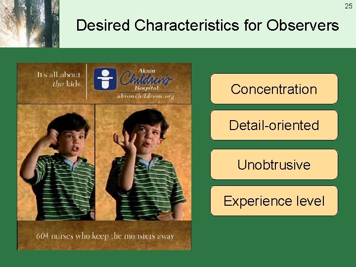 25 Desired Characteristics for Observers Concentration Detail-oriented Unobtrusive Experience level 