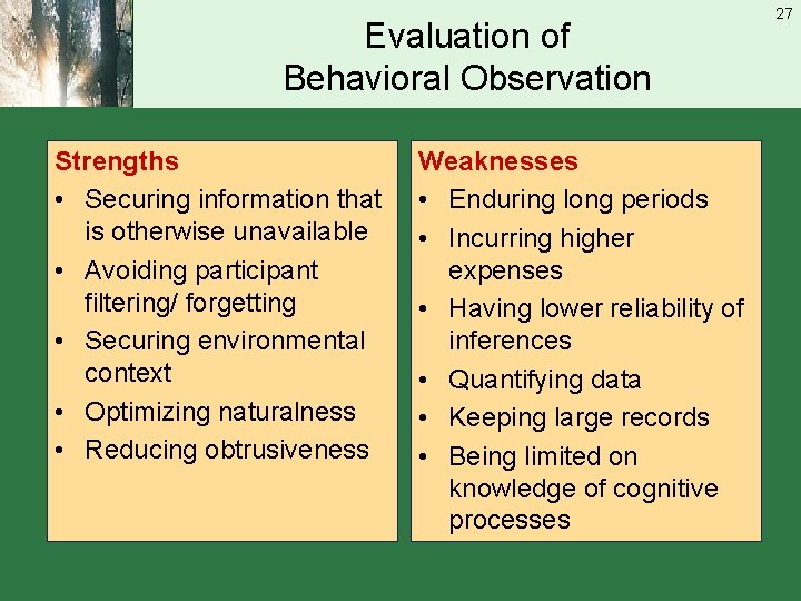 Evaluation of Behavioral Observation Strengths • Securing information that is otherwise unavailable • Avoiding